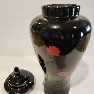 Black Ceramic Vase with Red Floral Design
